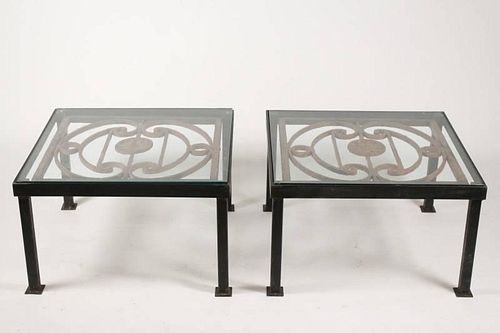Pair of Black & Red Iron & Glass Side Tables