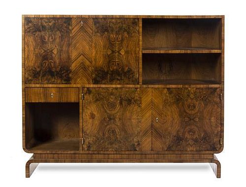 An Art Deco Burl Walnut Veneer Cabinet, Height 51 1/2 x width 63 1/8 x depth 15 1/2 inches.