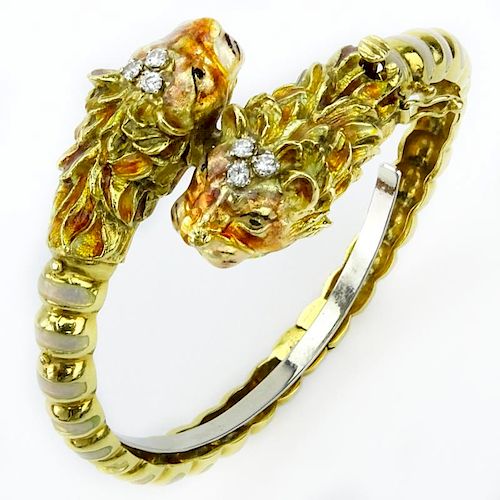 Vintage Italian 18 Karat Yellow Gold Tiger Bangle Bracelet with Diamond and Enamel Accents