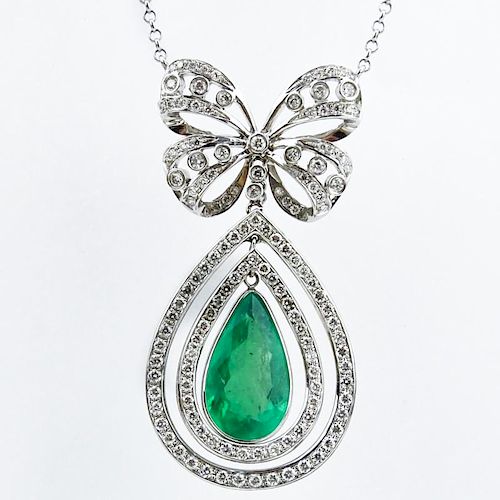 9.02 Carat Colombian Pear Shape Emerald, 4.20 Carat Round Brilliant Cut Diamond and 18 Karat White Gold Pendant Necklace.