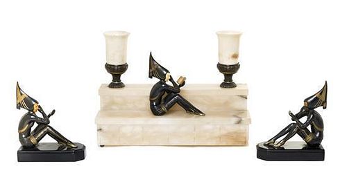 An Art Deco Cast Metal and Marble Garniture, after JB Hirsch, Width of centerpiece 15 1/4 inches.