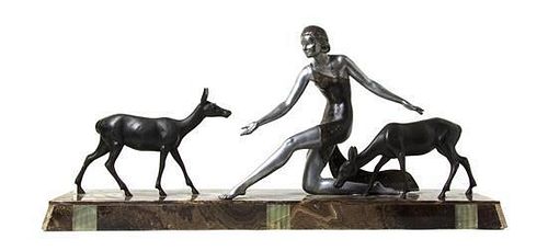 An Art Deco Cast Metal and Cold Painted Onyx Figural Group, Uriano, Height overall 16 1/8 x width 35 5/8 inches.