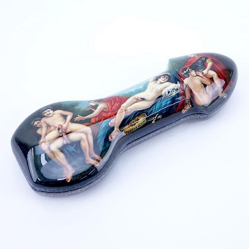 Russian Erotic Lacquered Box. Phallus shaped depicting nudes