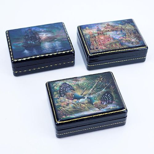 Collection of Three (3) Russian Mother Of Pearl and Lacquer Boxes