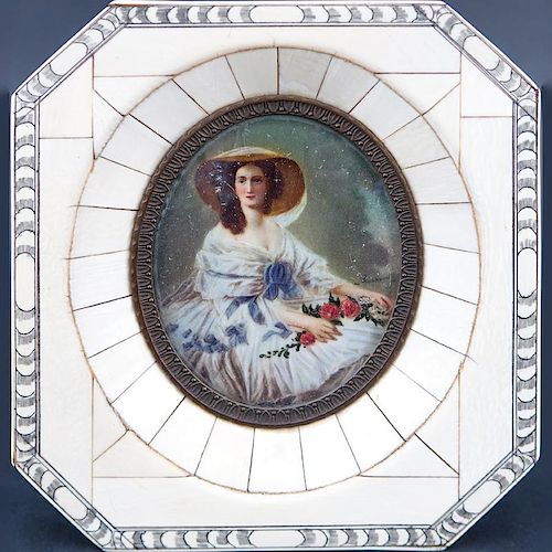 19th Century Victorian Miniature Portrait Painted on Ivory and in Ivory Frame
