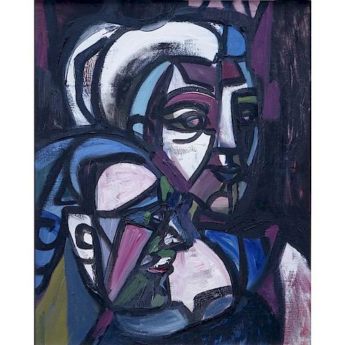 Mid-Century Oil On Canvas "Abstract, Two Faces" Unsigned