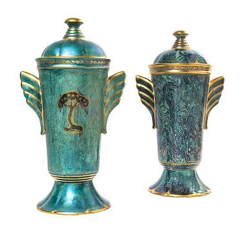 An Assembled Pair of Swedish Art Deco Ceramic Covered Vases, Gustavsberg, Height 16 1/2 inches.