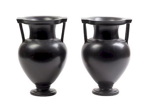 A Pair of Italian Black-Fired Urns Height 12 inches.