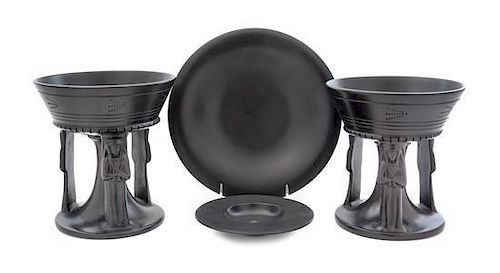 A Pair of Italian Black-Fired Footed Bowls Height 7 1/2 inches.