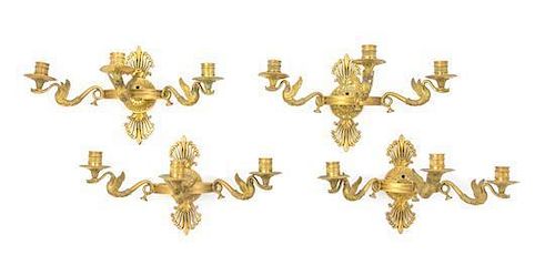 A Set of Four Empire Gilt Bronze Three-Light Wall Lights Height 8 1/2 inches.