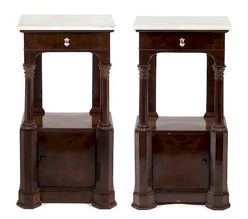 A Pair of Italian Walnut Side Cabinets Height 36 x width 18 1/4 x depth 12 1/2 inches.