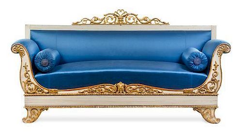 An Italian Painted and Parcel Gilt Sofa Height 36 x width 80 x depth 27 inches.