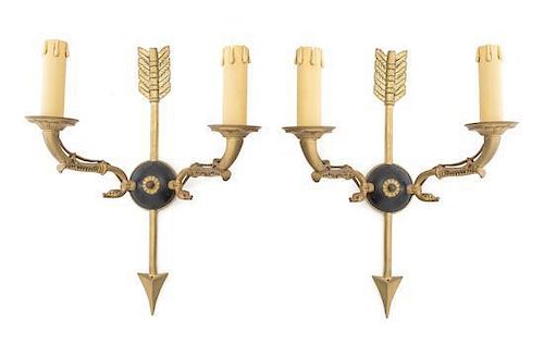 A Pair of Empire Style Gilt Metal Two-Light Sconces Height 12 1/2 inches.