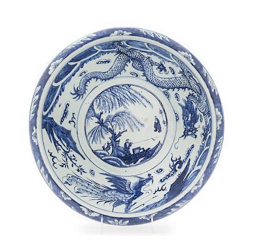 A Chinese Blue and White Porcelain Basin Diameter 10 inches.