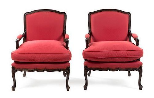 A Pair of Louis XV Style Fauteuils Height 34 1/2 x width 27 x depth 24 inches.