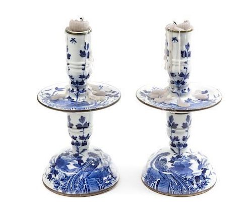A Pair of Chinese Export Blue and White Porcelain Convertible Candlesticks Height 10 1/4 inches.