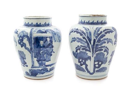 A Pair of Chinese Blue and White Porcelain Jars Height 12 inches.
