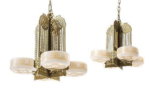 A Pair of Art Deco Four-Light Brass and Glass Chandeliers, Height 27 inches.