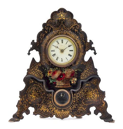 A Victorian Painted Tole Mantel Clock Height 20 1/4 inches.