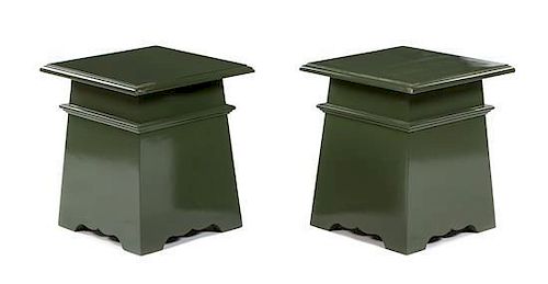 A Pair of Custom-Designed Green Painted Side Tables Height 15 x width 14 1/4 x depth 14 1/4 inches.