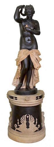 A Neoclassical Painted Terracotta Figure of a Grecian Maiden Height 75 inches.
