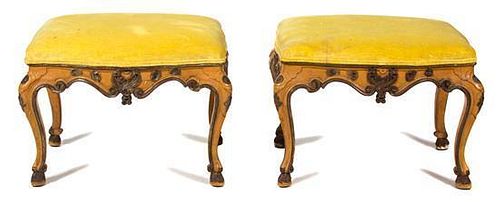 A Pair of Italian Rococo Painted Wood Tabourets Height 20 inches.