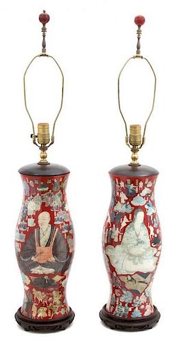 A Pair of Chinoiserie Decoupage Glass Table Lamps Height 34 inches.