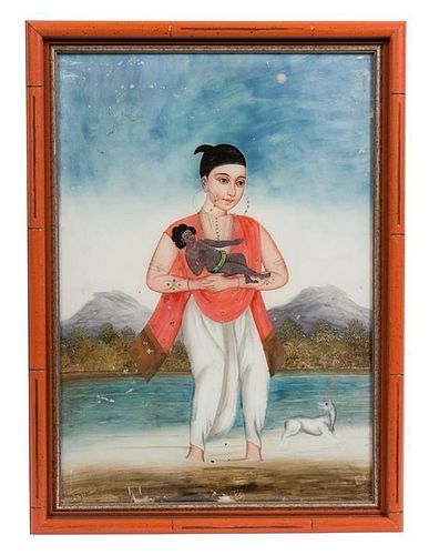A Group of Four Indian Reverse Glass Paintings Height 34 inches.