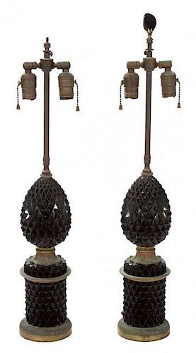 A Pair of Neoclassical Style Black Cut Glass and Gilt Metal Lamps Height 28 inches.
