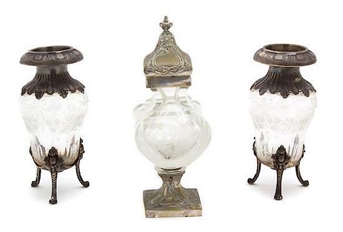 Three Continental Silver Mounted Glass Articles Height of tallest 7 inches.