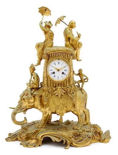 A Louis XV Style Gilt Bronze Elephant Clock Height 18 inches.