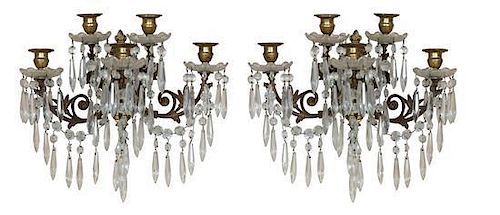 A Pair of Louis XV Style Gilt Bronze and Cut Crystal Five-Light Wall Sconces Width 15 inches.