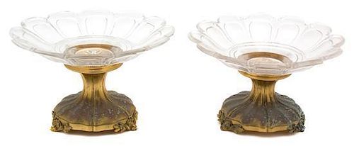 A Pair of Cut Crystal Tazzas on Gilt Bronze Bases Height 6 x diameter 10 inches.