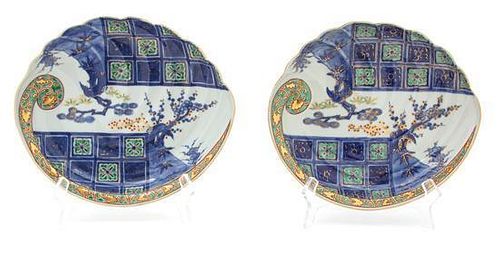 A Pair of Imari Leaf-Form Porcelain Dishes Width 9 1/2 inches.