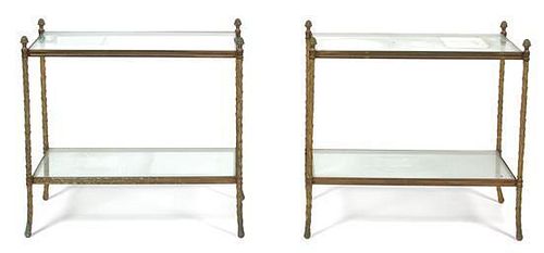 A Pair of Contemporary Gilt Metal Two Tier Glass Side Tables Height 24 inches.