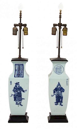 A Pair of Chinese Blue and White Porcelain Lamps Height 16 inches.