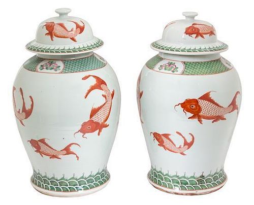 A Pair of Chinese Orange and White Porcelain Ginger Jars Height 20 x diameter 10 inches.