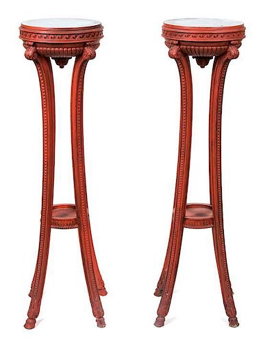 A Pair of Neoclassical Style Carved and Painted Torchere Pedestals Height 48 inches.