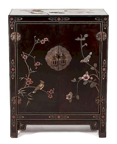 A Chinese Black Lacquer Two Door Cabinet Height 30 x width 23 inches.