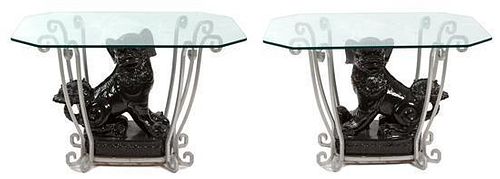 A Pair of Hollywood Regency Style Side Tables Height 26 1/2 x width 44 x depth 31 inches.