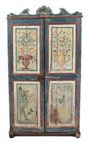A Continental Painted Pine Two Door Cabinet Height 75 x width 52 x depth 20 inches.