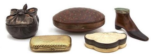 A Collection of Five English and Continental Boxes Width of largest 4 1/4 inches.