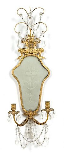 A Louis XV Style Gilt Metal and Etched Mirrored Two-Light Wall Sconce Height 23 inches.
