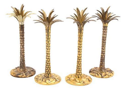 Four Italian Silver Gilt Palm Tree-Form Candlesticks, Tiffany & Co., Milan, 20th Century, with sockets formed as three detach