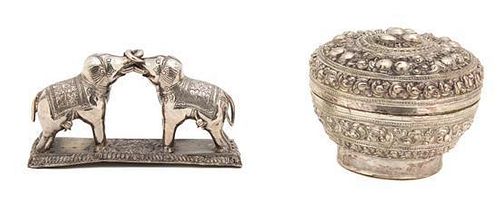 Two Indian Silver Articles, , a covered circular box and an ornament of three elephants