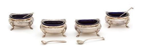 Four American Silver Footed Open Salts, Fisher Silversmiths Inc., Jersey City, NJ, having blue glass inserts