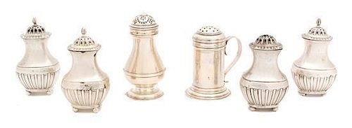 Three Pairs of English Silver Standing Salts and Peppers, Various Makers, comprising four matching by John & William Deakin, 