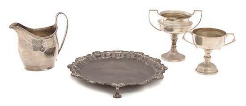 Four Miscellaneous English Silver Articles, Various Makers, comprising a Georgian footed salver, 1822; a Georgian bright-cut 