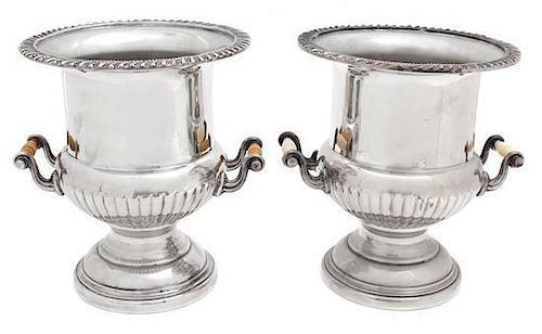 A Pair of Silver-Plate Campana-form Wine Coolers Height 10 inches.