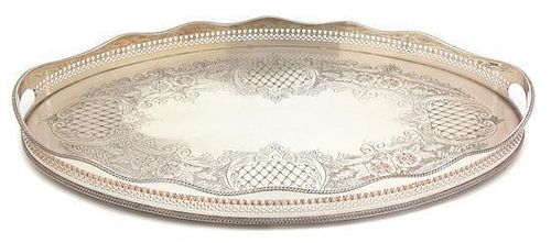 Two English Regency Style Silver-on-Copper Pierced Gallery Serving Trays Width of largest 24 1/2 inches.